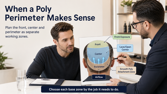 Man and consultant planning a poly perimeter hair system with lace center