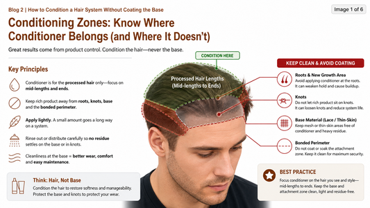 Man conditioning hair system mid-lengths and ends away from the base and perimeter