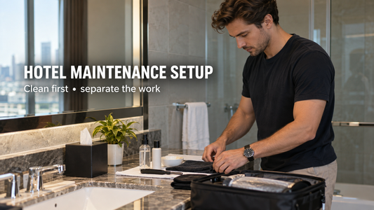 hair system maintenance setup in clean hotel bathroom