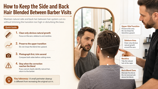 Man checking natural side and back hair growth around a hair system between barber visits