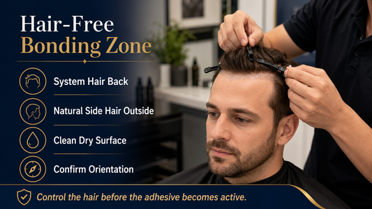 Hair system reattachment with hair kept away from adhesive zone