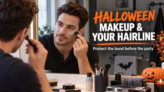 Man preparing Halloween makeup while protecting hair system hairline