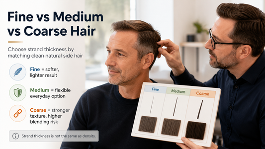 Man and consultant comparing fine medium and coarse hair strand thickness in daylight