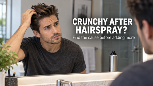 man checking crunchy hair system after styling spray