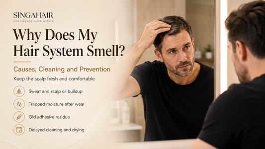 Man checking hair system freshness and scalp comfort in a bathroom mirror