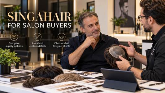 Salon buyer discussing professional mens hair system sourcing