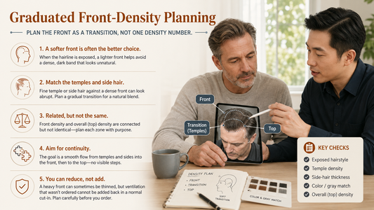 Man and consultant comparing front transition and top density in indirect daylight