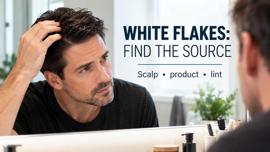 Man identifying white particles visible in a dark mens hair system