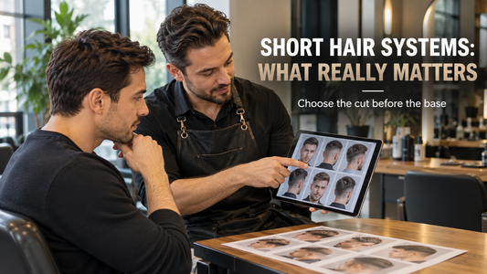 Man and barber planning a realistic short mens hair system hairstyle
