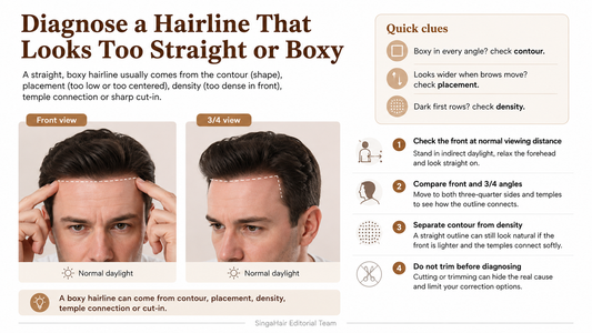 Man checking a straight-looking hair system hairline in indirect daylight