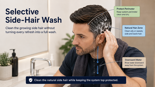 Man preparing to wash natural side hair beside an attached hair system