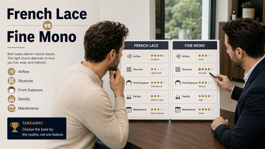 Man comparing French lace and fine mono hair system priorities with consultant