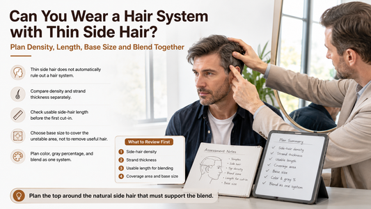 Man and consultant comparing thin natural side hair with hair system specifications in daylight