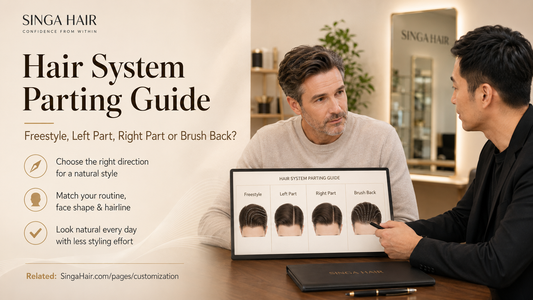 Man comparing hair system parting and direction options with a consultant