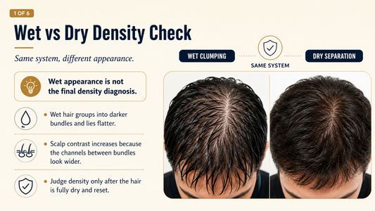 Man comparing wet and dry hair system density and scalp show-through