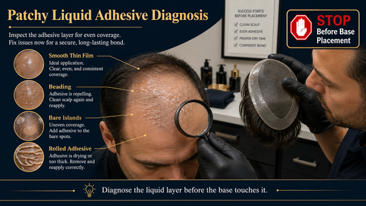 Hair system liquid adhesive beading and patchy film diagnosis