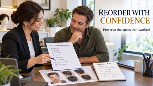SingaHair consultant reviewing repeat hair system order details