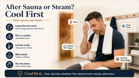 Man cooling and blotting a hair system after sauna or steam exposure