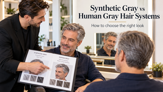 Buyer comparing gray hair system fiber options with a stylist