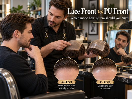 Stylist and customer comparing lace and PU front hair system options