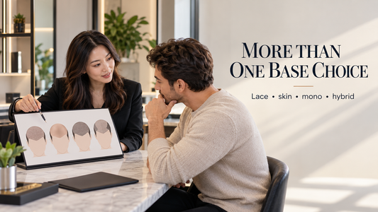 SingaHair consultant explaining multiple hair system base options to a male buyer