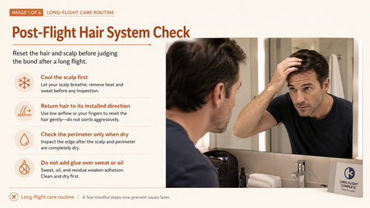 Man checking a flattened hair system in a hotel mirror after a long flight