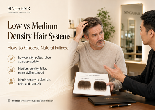 Man comparing low and medium hair system density with a professional consultant