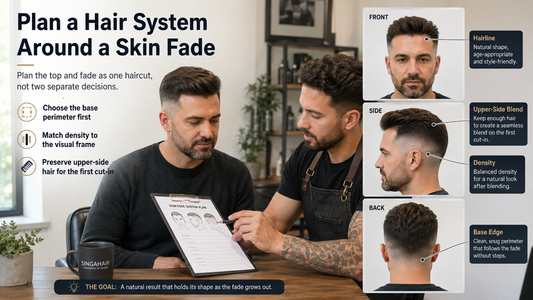Man and barber planning a hair system with a skin fade