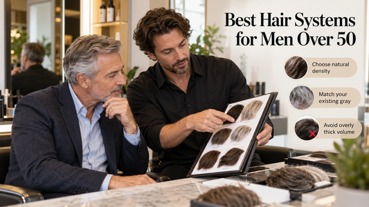 Mature man comparing natural hair system options with a stylist