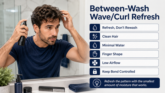 Man refreshing a wavy hair system between full washes