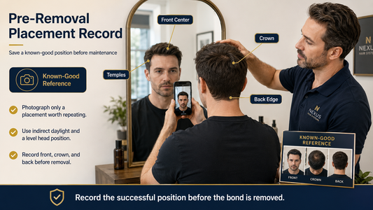 Man documenting hair system placement before removal with reference photos
