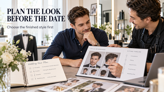 Man and barber reviewing men’s wedding hairstyle references and fitting timeline