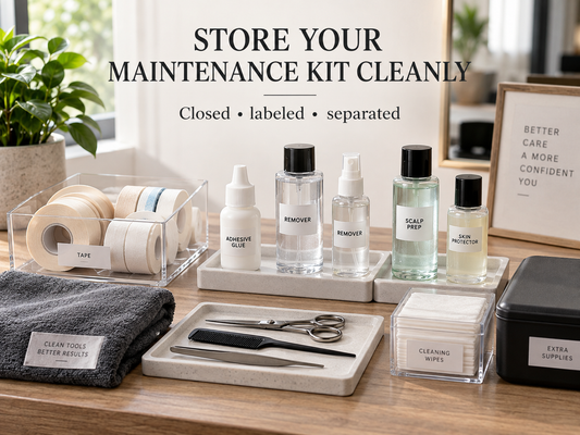 hair system adhesive tape remover and maintenance product storage setup