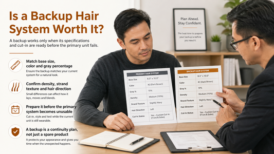 Man and consultant reviewing primary and backup hair system specifications