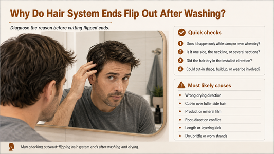 Man checking outward-flipping hair system ends after washing and drying