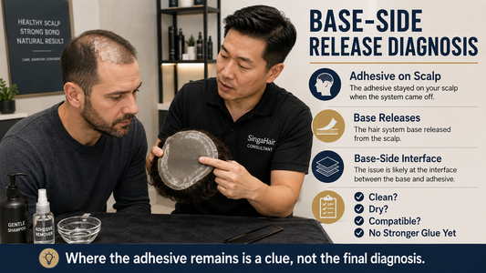 Hair system adhesive staying on scalp while releasing from base