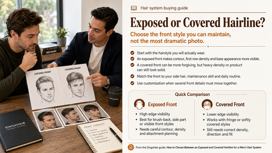 Man and consultant comparing exposed and covered hairline plans in indirect daylight