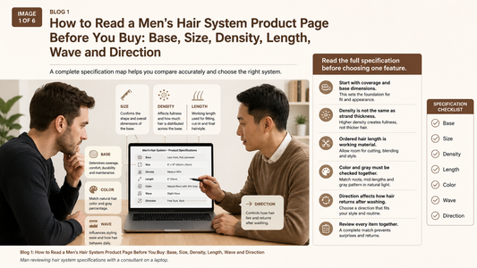 Man reviewing hair system specifications with a consultant on a laptop