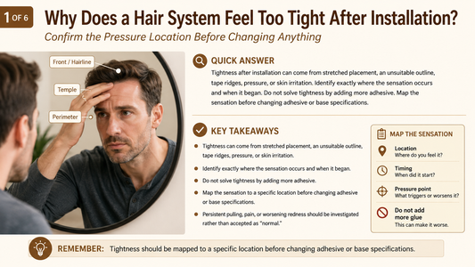 Man identifying the location of pressure after a hair system installation