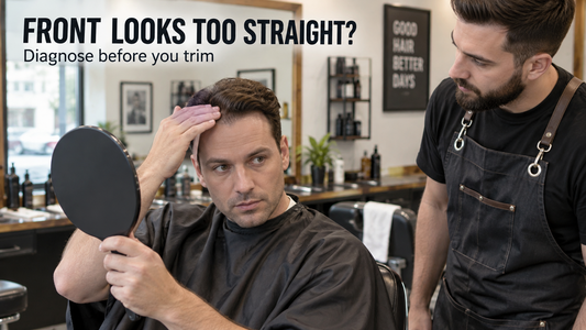 man assessing straight hair system front after cut in