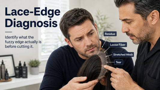 Man and technician diagnosing a fraying lace hair system edge