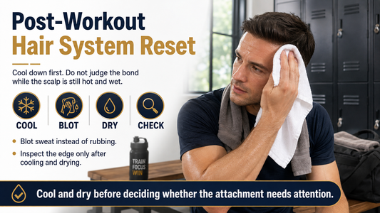Man cooling down and blotting sweat around a hair system after a workout