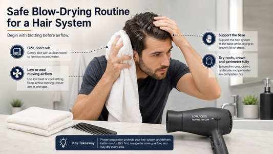 Man preparing to blow-dry a hair system after blotting excess water