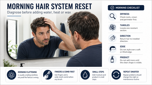 Man checking flattened hair system before morning reset