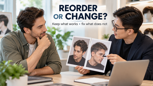 Man deciding whether to reorder an existing mens hair system or change specifications