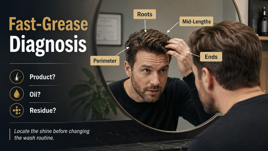 Man diagnosing hair system that looks greasy quickly
