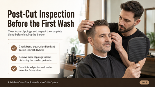 Man and barber checking loose clippings and hair system blend after a cut-in 