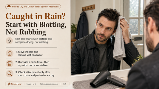 Man blotting rain-wet hair before drying a hair system indoors