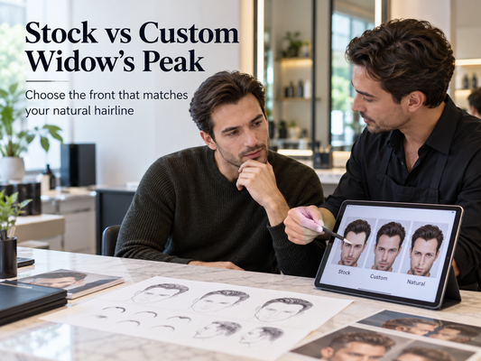 Stylist reviewing a man’s widow’s peak hairline before selection