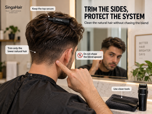 home side and back trim around a bonded hair system